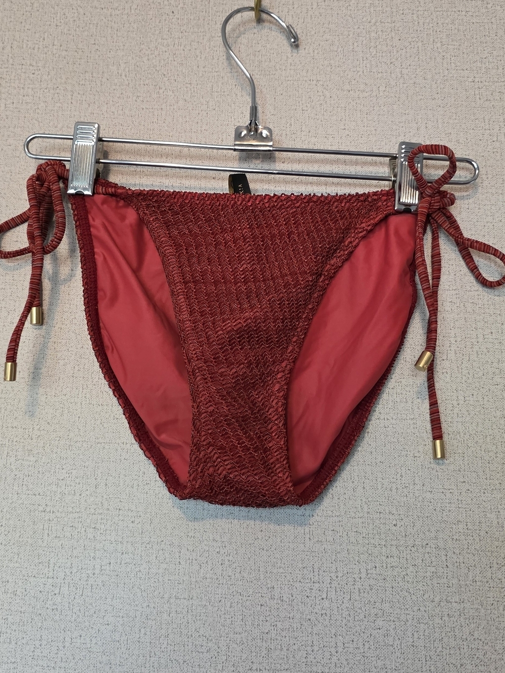 Women’s Red Smocked Bikini Bottom with Side Ties